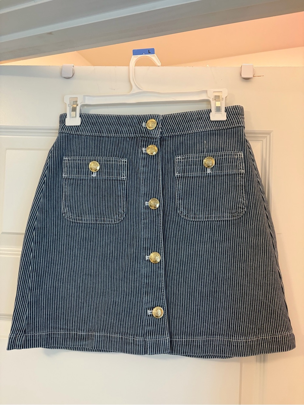 Striped Front-Button A-Line Skirt - Navy/White